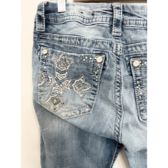 Miss Me Mid Rise Easy Boot Sz 29 Jeans 29x31 Medium Cross Bling Thick Stitch - Picture 5 of 9